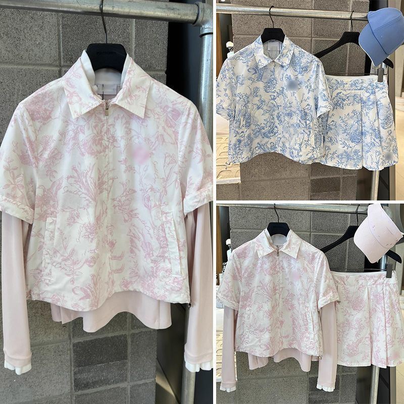 24 New Korean Golf Clothing Summer Ladies Lapel Printed Trendy Short Sleeve Top Pleated Skirt Suit