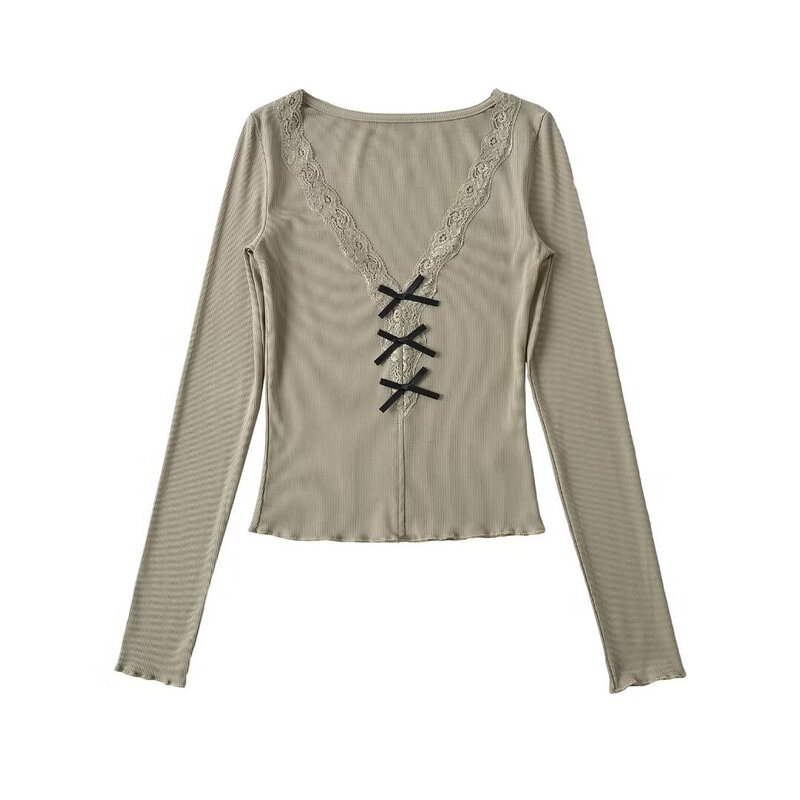 Pure Spice Girl Style Lace Bow Sexy V-Neck Long Sleeve T-Shirt Autumn New Women's Slim-fit Short Top