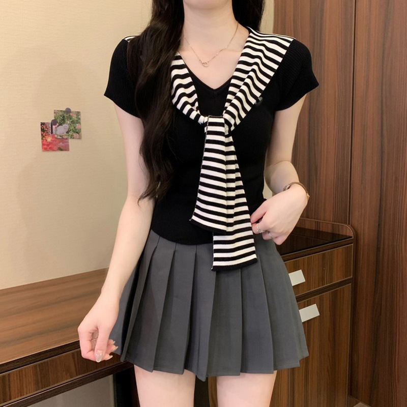 ピンクショール半袖トップス女性初夏ドーパミン明るいユニークな美しいootd着用純粋なピンチウエストTシャツ|undefined