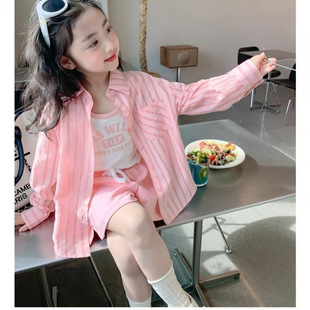 Girls Stripesd Shirt Polyester Cotton Long-Sleeved 2025 Summer New Style Kidsren's Sun Protection Clothing Baby Summer Thin Jacket Trendy
