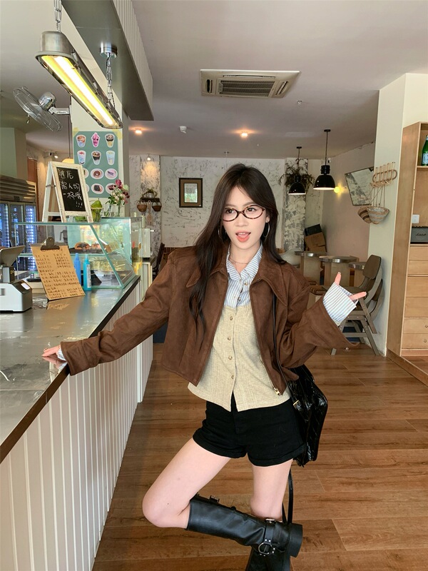 美拉德套装假两件条纹衬衫女秋季咖色麂皮绒外套夹克短上衣两件套|undefined