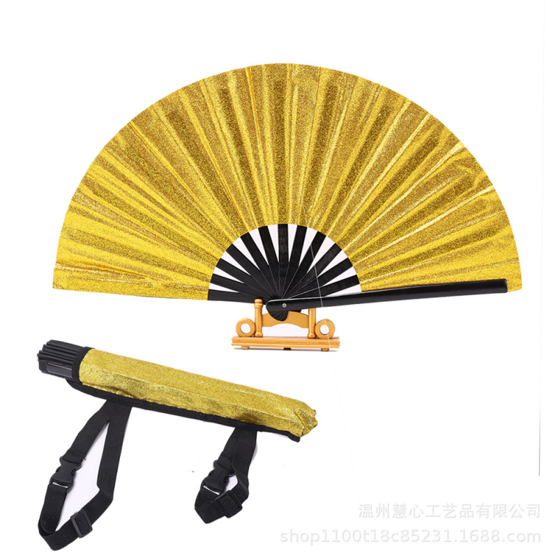 现货手扇33cm功夫扇带绑带扇套 闪亮粉布扇金色欧美风表演道具扇|undefined