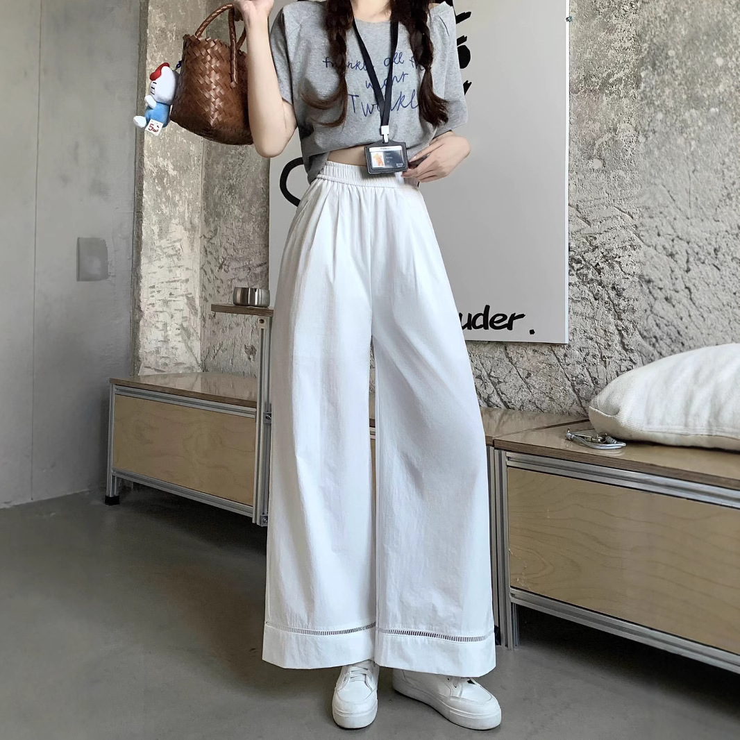 韓国 2025 新しい夏スタイルハイウエストスリム多用途カジュアルストレートパンツ女性の中空スプライシングワイドレッグ 9 点パンツ