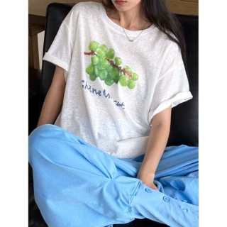 夏季新款韩系简约松弛感圆领葡萄印花短袖T恤宽松透气上衣女