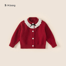 邦选童装洋气冬装儿童上衣女孩子开衫花边领衣服红色女童毛衣外套