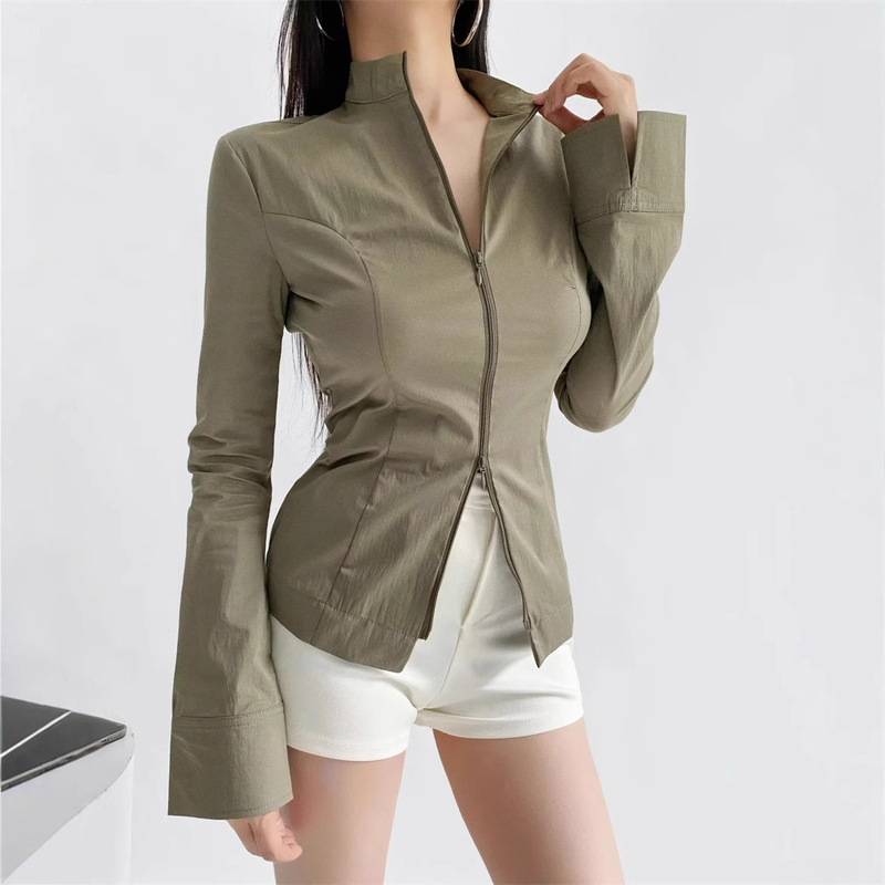European and American Style Stand-Up Collar Zipper Long-Sleeved Shirt for Women 25 Spring and Summer New Slim Slimming Look Micro-Elastic Yoga Wear Top Jacket