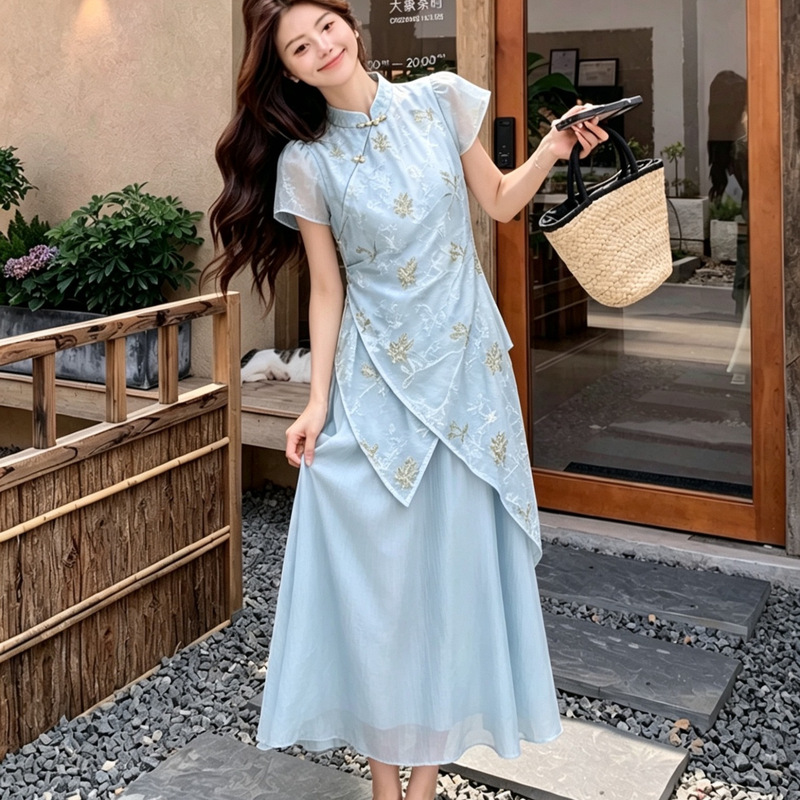 New Italian-French Style New Chinese-Style Qipao Fake Two-Piece Dress for Women with Waist-Cinching Design