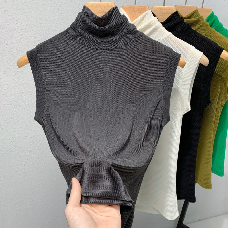 Las mujeres cuello alto Chaleco de malla 2023 nuevas elegante interior estilo occidental pequeña camisa color sólido cintura sin mangas top