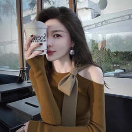 韩系时尚优雅风蝴蝶结露肩针织衫女秋冬新款洋气减龄百搭显瘦上衣
