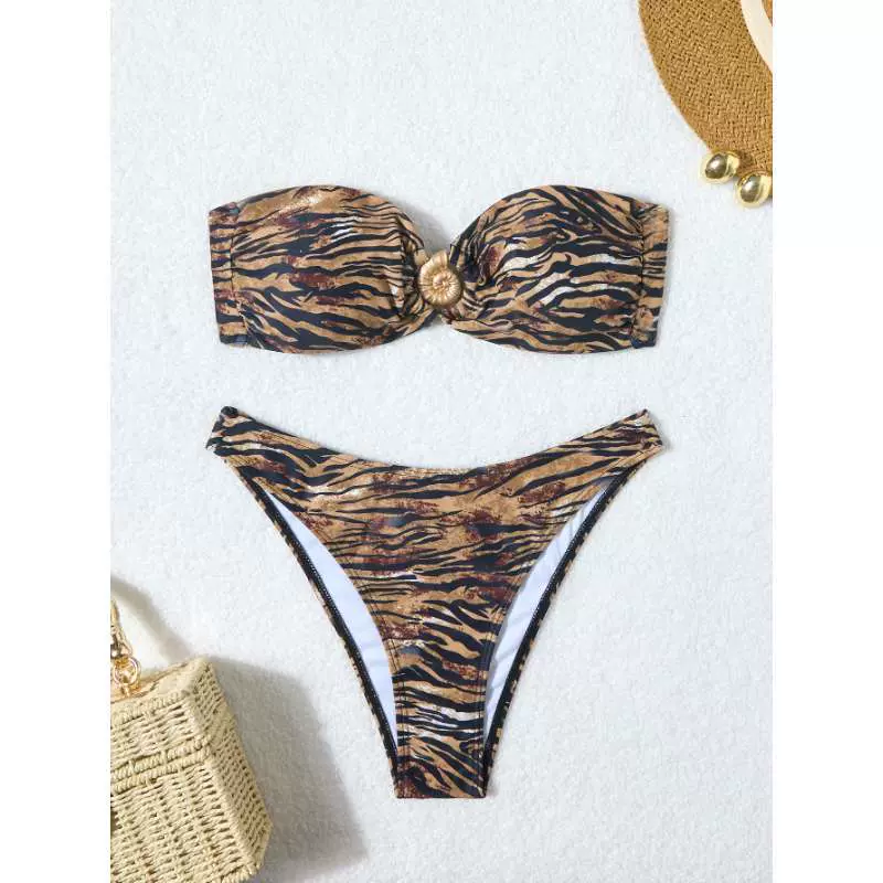 新款外贸分体泳衣女性感抹胸条纹比基尼亚马逊跨境沙滩外贸泳衣女