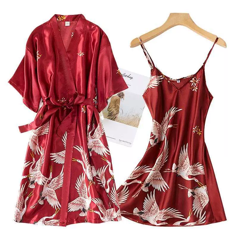 Summer thin pijama, silk red bathrobe for bride, for beloved