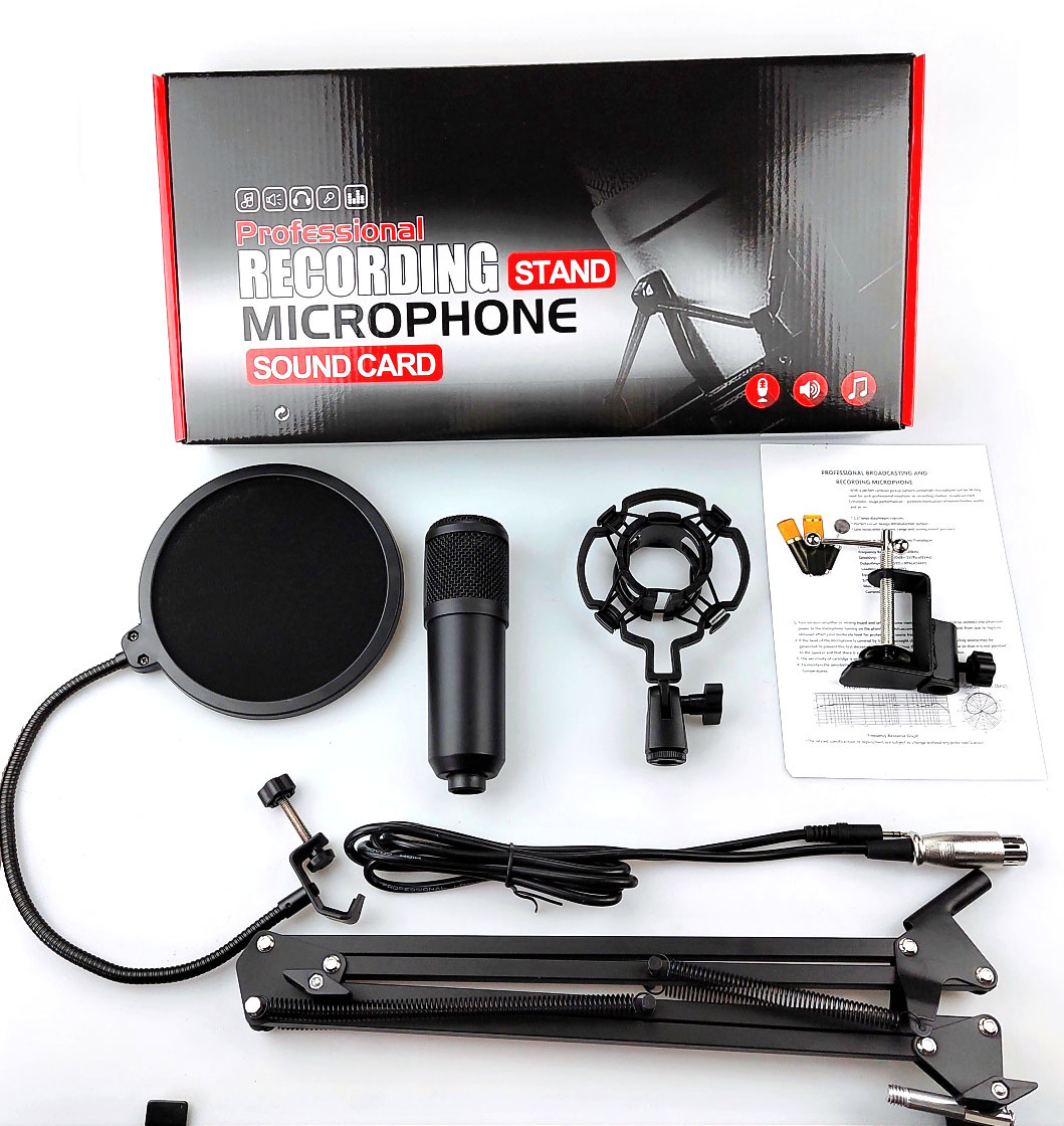Micrófono BM800 con soporte, set para transmisión en vivo, micrófono para computadora, tarjeta de sonido para grabación, juegos, karaoke, micrófono de condensador con reducción de ruido