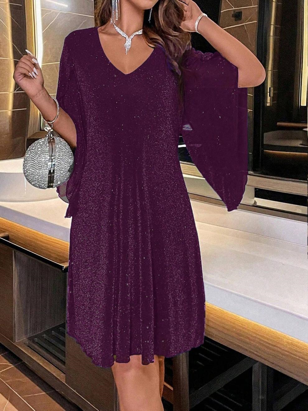 Women's Clothing Elegant Women's Gold Foil Dress V Neck Five Sleeve Spring Summer Holiday Party Style For Formal & Casual For Women_ecoleips.com