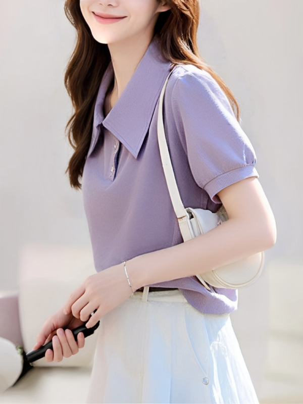 翻领泡泡袖短袖T恤女2025夏上衣显瘦通勤百搭polo领宽松休闲衬衫|undefined