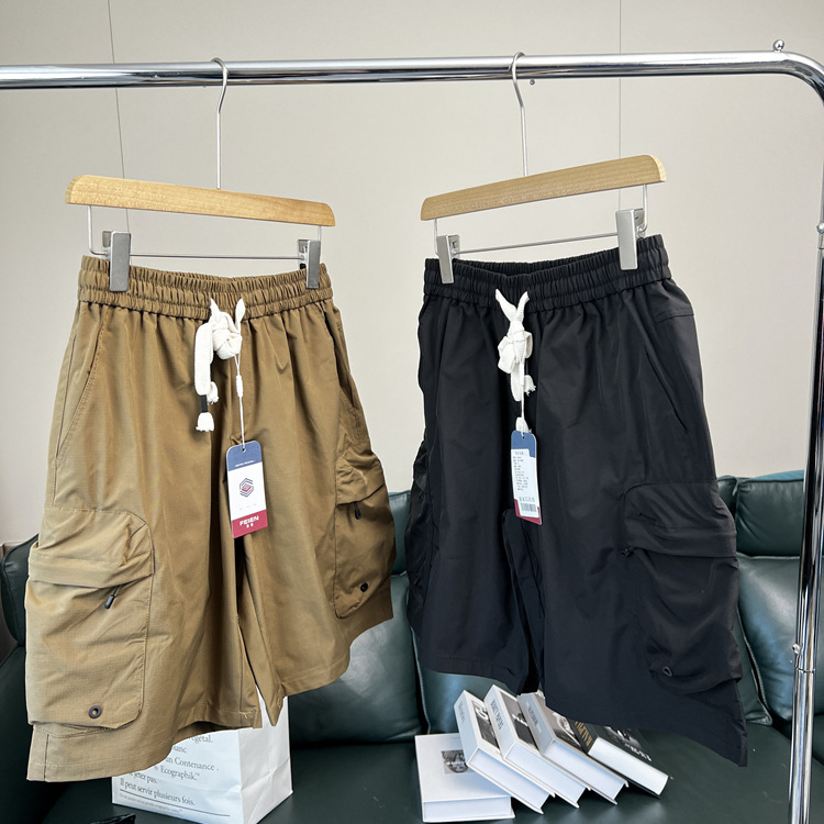 Functional Outdoor Mountain Style! Plaid Texture! Summer Men's Large Size Elastic Waist Loose Multi-Flap Pocket Pants Cargo Shorts