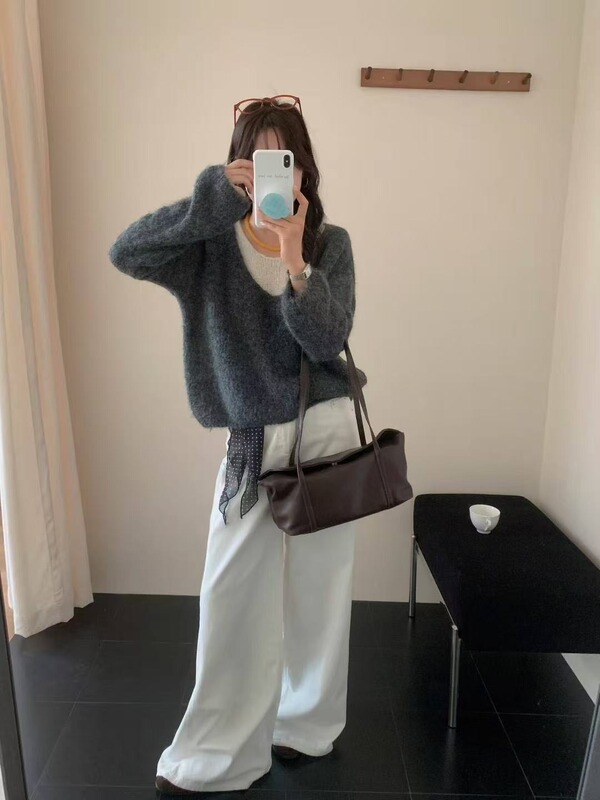 韩系假两件慵懒风针织上衣女时尚减龄拼色温柔软呼呼百搭套头毛衣|undefined