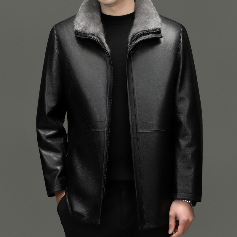 2025高档真皮皮衣翻领山羊皮外套中长款男士皮衣大衣整貂毛内胆男