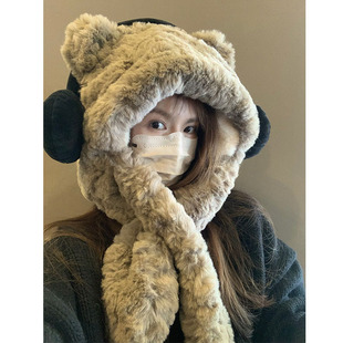 Autumn and Winter Earmuff Hat with Bear Plush, Scarf Integrated, Ear Protection, Thickened Cycling Hood, Warm Korean Style