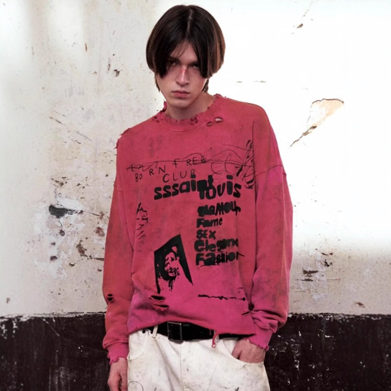 Niche High Street Trendy Brand Hazy Night Club Limited Washed Distressed Vintage Long-Sleeved T-Shirt for Men and Women