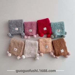 Ins Cute Fur Ball Children's Knitted Scarf Korean Style Autumn and Winter Baby Boys and Girls Warm Cross Windproof Scarf