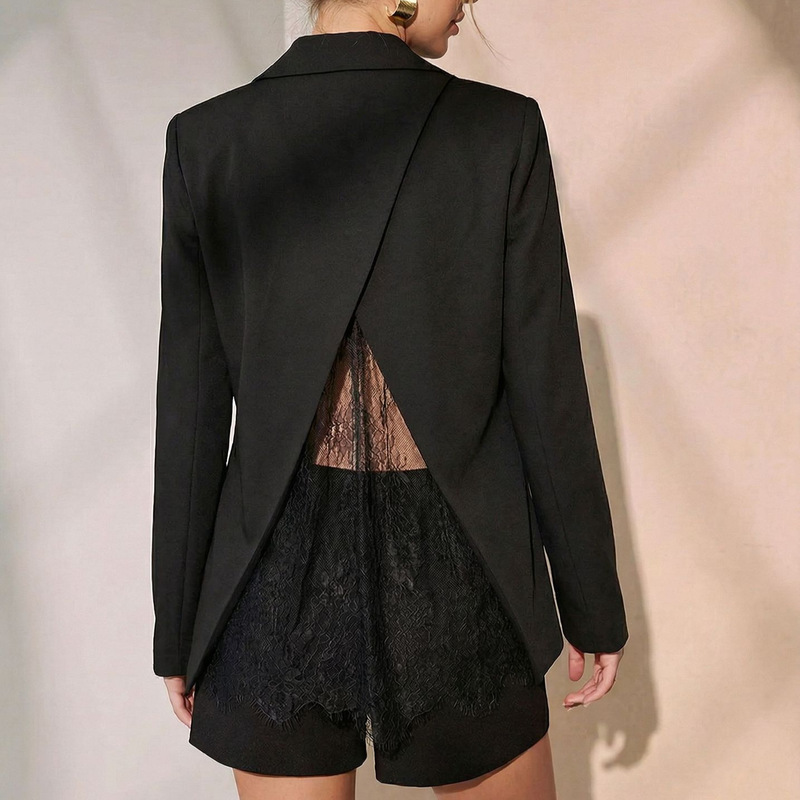 2026 Cross-Border Exclusive Black Lace Patchwork Blazer with Back Slit for Women, Designer Backless Suit 2026 Cross-Border Exclusive Black Lace Patchwork Blazer with Back Slit for Women, Designer Backless Suit