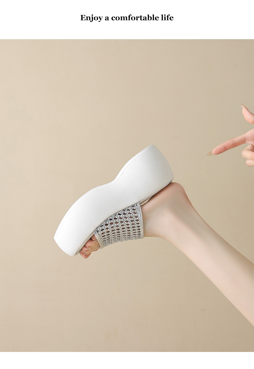 Dép sandal nữ quai chữ V đế xuồng cao, đan rỗng đi biển mùa hè — Màu đen, Màu vàng, Màu bạc chi tiết 9