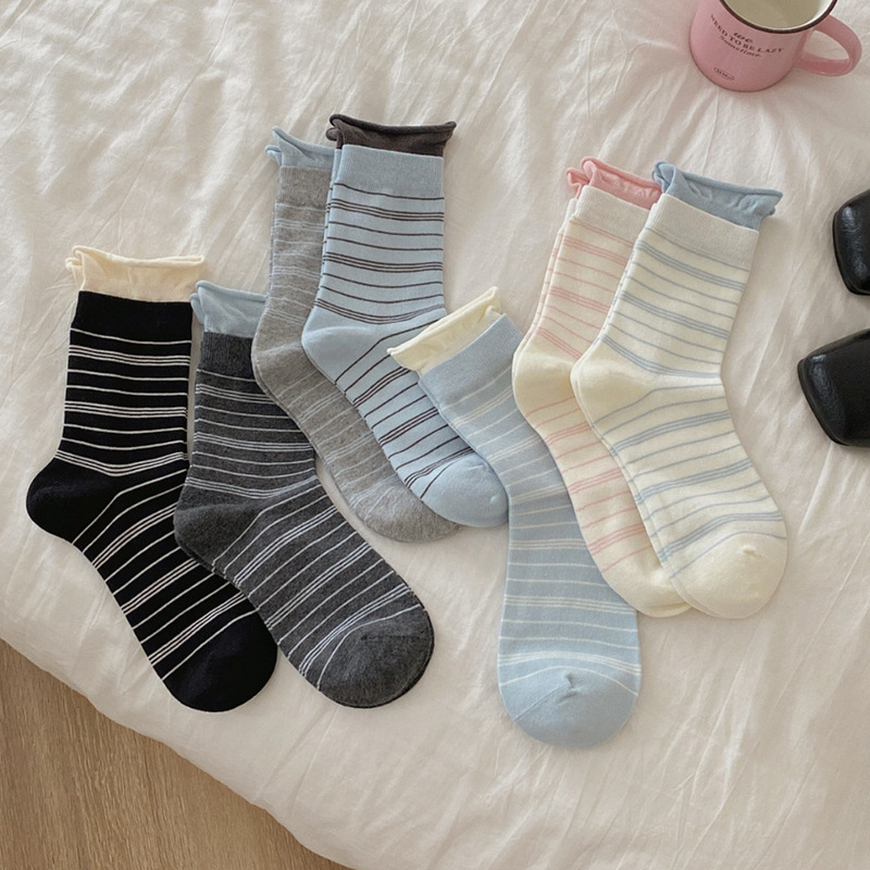 袜子女春秋纯棉森系条纹秋冬中筒袜ins潮复古双罗口卷边堆堆袜|undefined