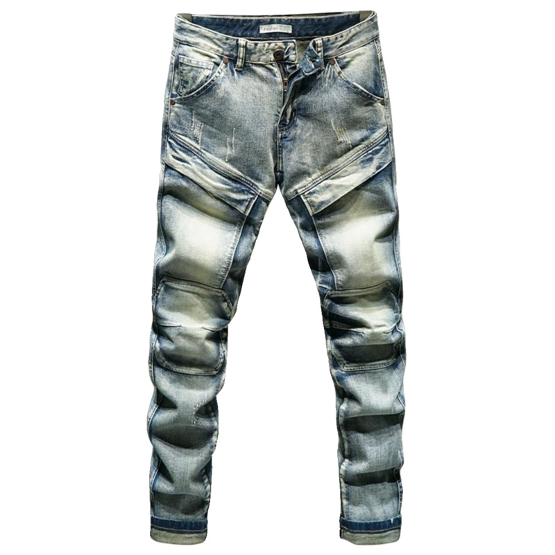 Abbigliamento maschile Jeans da motociclista retrò alla moda per uomo, Jeans skinny aderenti elasticizzati con patchwork effetto consumato, Pantaloni casual lavati in stile coreano._voghion.com