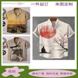 跨境专供3D数码印花宽松文艺衬衫欧美速卖通翻领开衫纽扣3d短袖男