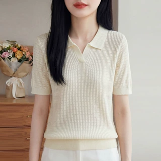 轻熟简约风POLO领短袖针织衫女夏薄款宽松显瘦百搭T恤休闲上衣潮