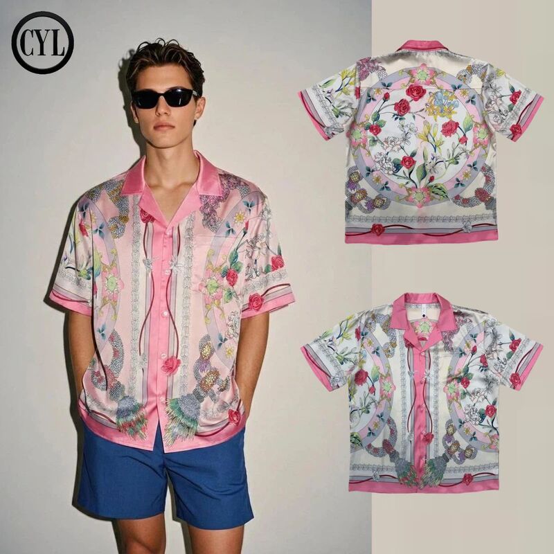【Cyl】High-End Satin Cuban Collar Shirt for Men, Short-Sleeved, Niche Trendy Brand Floral Shirt for Party Wear 【Cyl】High-End Satin Cuban Collar Shirt for Men, Short-Sleeved, Niche Trendy Brand Floral Shirt for Party Wear