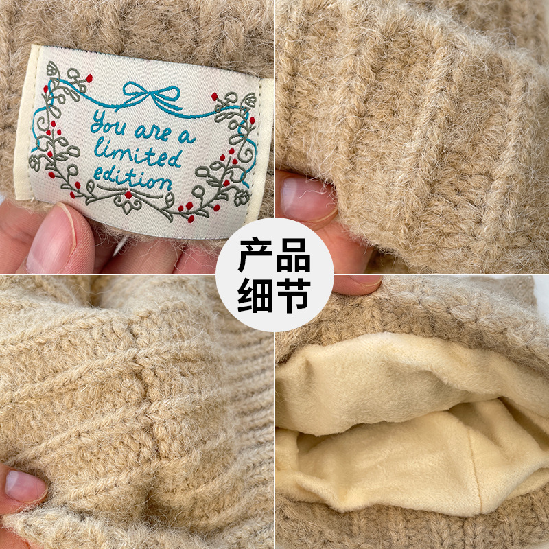 日系可爱猫耳朵毛线帽子女冬季加厚防风套头帽日系保暖护耳针织帽|undefined
