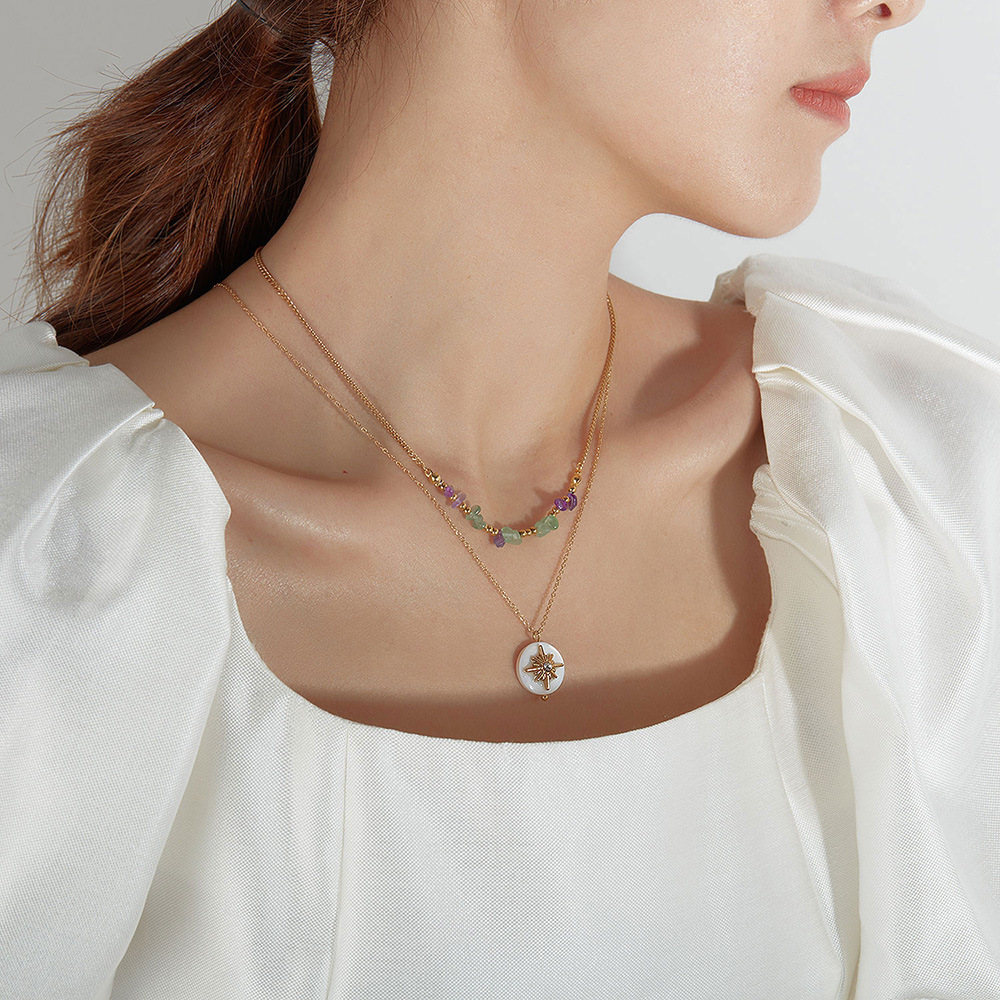 Double Layered Natural Stone Necklace With Octagonal Star Pendant_voghion.com
