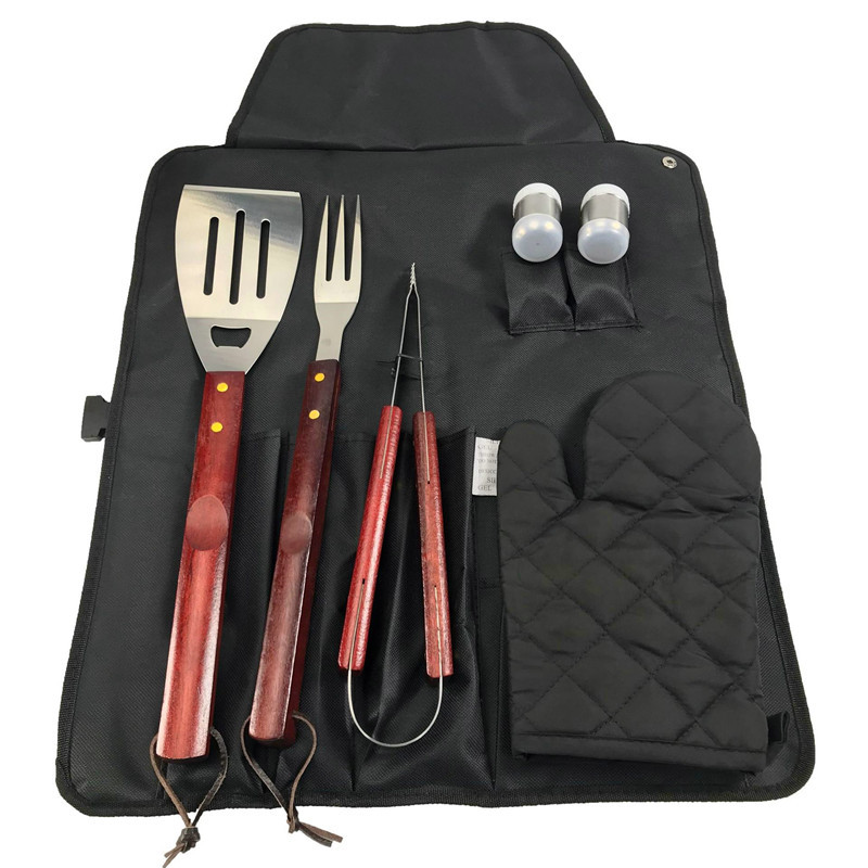 Juego de Utensilios para Barbacoa con Delantal Set de 6-7 Piezas de Acero Inoxidable y Madera para Barbacoa