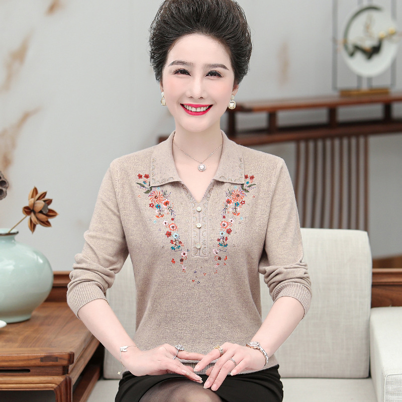 Middle-aged mother sweater lapel diamond tops fashion knit embroidered sweater spring and autumn holster