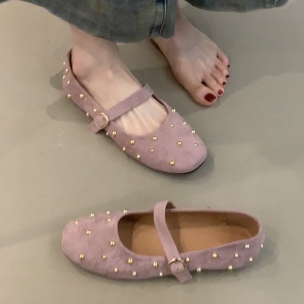 Sheepskin Version ~ Genuine Leather Rivets, Gentle Mary Jane Shoes, Women's Flats French Retro Shallow Mouth Ballet Shoes, Evening Shoes