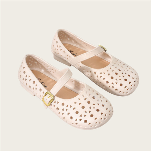 New style soft sole breathable hollowed-out hole shoes fairy style dress flat one-button belt Mary Jane slippers girls