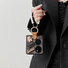 華為手機殼適用於華為P50pocket復古花紋高級感ins風指環扣珍珠鏈