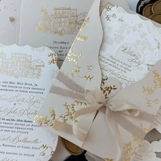 法式城堡烫金激凹结婚邀请函 缎带蝴蝶结 高端西式喜贴婚礼邀请卡