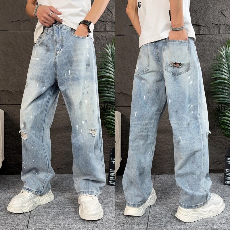 Washed Splatter Ink Ripped Jeans Off-Season Christmas Dopamine Loose Men's Jeans New Style Pants 2026 Washed Splatter Ink Ripped Jeans Off-Season Christmas Dopamine Loose Men's Jeans New Style Pants 2026