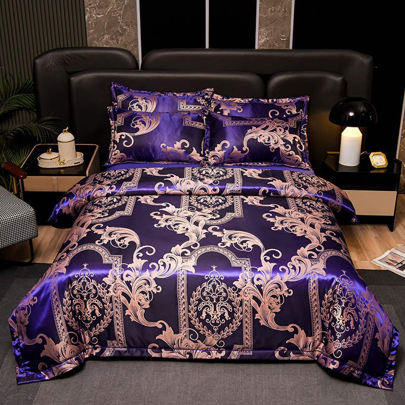 European Satin Jacquard Bed Skirt Four-Piece Set Embroidered Wide Edge Quilt Cover Cross-Border Supply Bed Sheetss Pillowcases Home Textiles