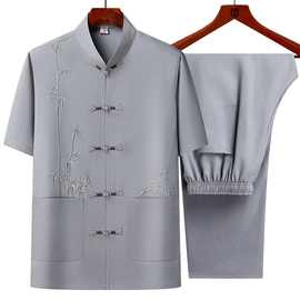 中老年冰丝短袖衬衫男夏季休闲套装爸爸夏装薄款衬衣老人爷爷唐装