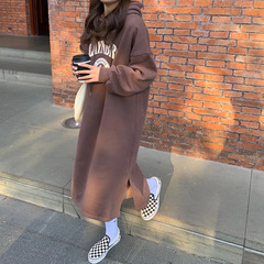 原宿スタイルミッドレングススウェットシャツ女性のための韓国スタイルのストライプ長袖ドレス冬韓国スタイルルーズ痩身プラスベルベット