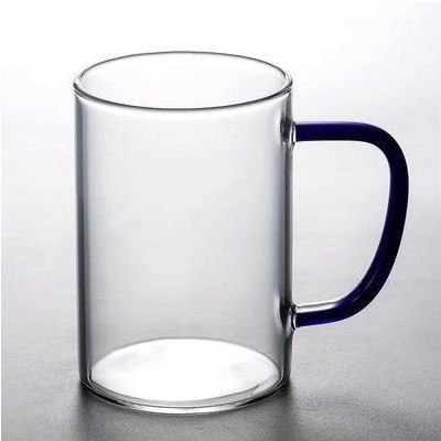 En stock taza de jugo para el hogar taza de leche de oficina taza de desayuno mango de color vidrio transparente taza de vidrio de una sola capa