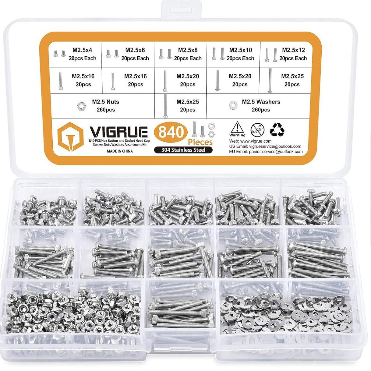 跨境款304不锈钢螺丝套装盒装 圆柱头内六角螺丝+平垫+螺母套装