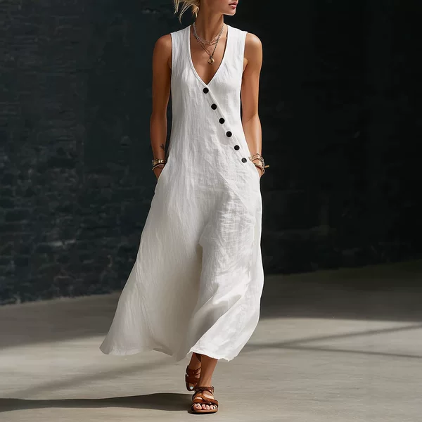 2026 Spring and Summer Tiktok Cross-Border European and American Lazy Style V-Neck Buttoned Cotton and Linen Long Dress Sleeveless Vest Dress