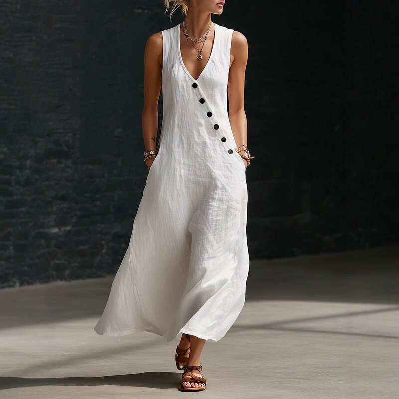 2026 Spring and Summer Tiktok Cross-Border European and American Lazy Style V-Neck Buttoned Cotton and Linen Long Dress Sleeveless Vest Dress 2026 Spring and Summer Tiktok Cross-Border European and American Lazy Style V-Neck Buttoned Cotton and Linen Long Dress Sleeveless Vest Dress