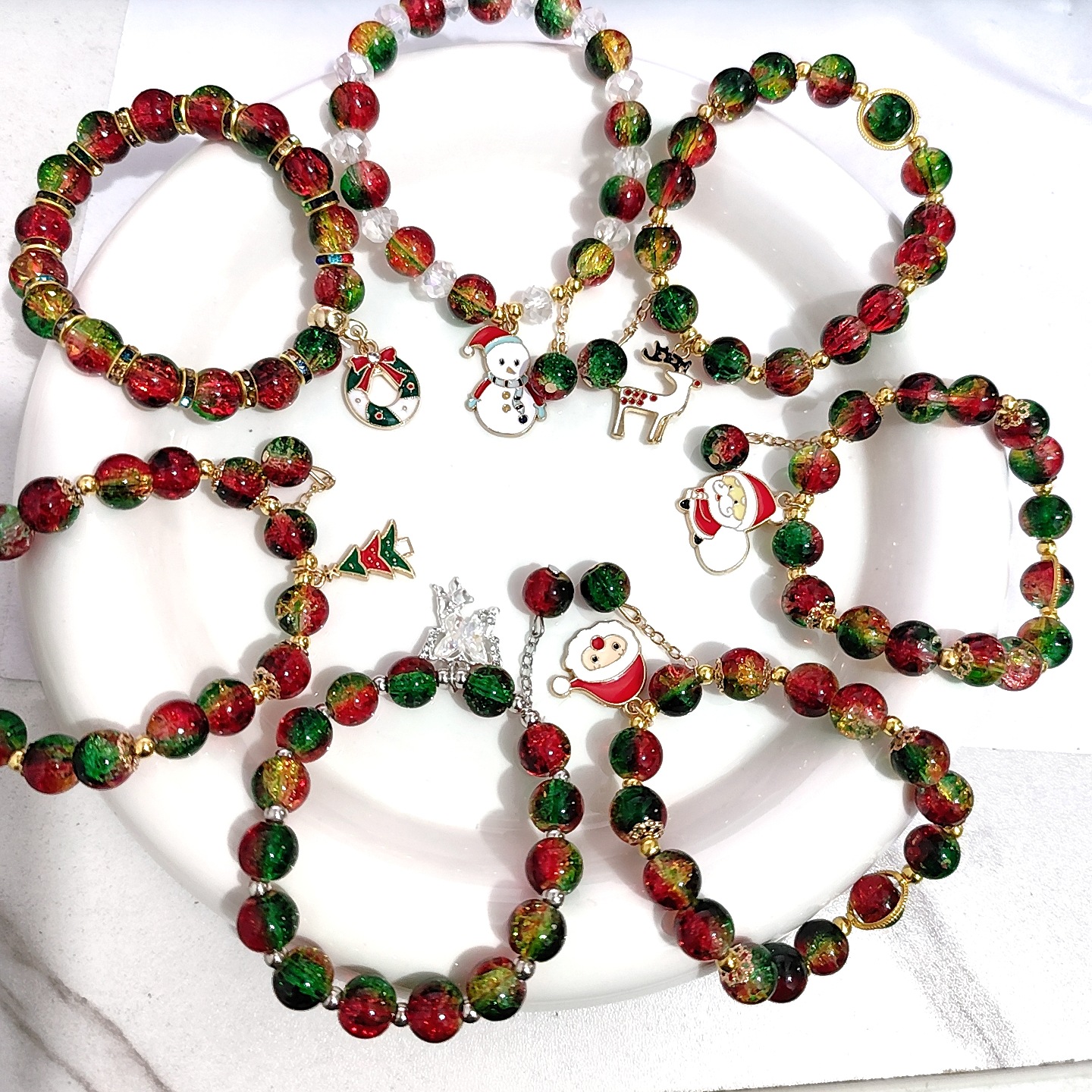 무작위 크리스마스 유리 팔찌 - 흰색 상자