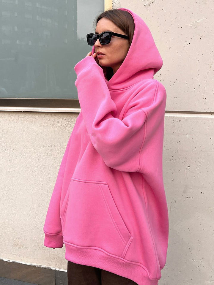 Áo hoodie nỉ lông dáng rộng có mũ và túi, tay dài, dáng unisex — Màu cà phê, Màu hồng, Màu xám, Màu đen