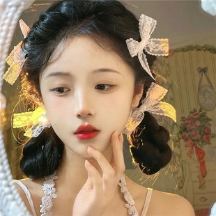 Cute Japanese style white lace small bow hairpin female summer side clip headdress side clip fairy clip hairpin
